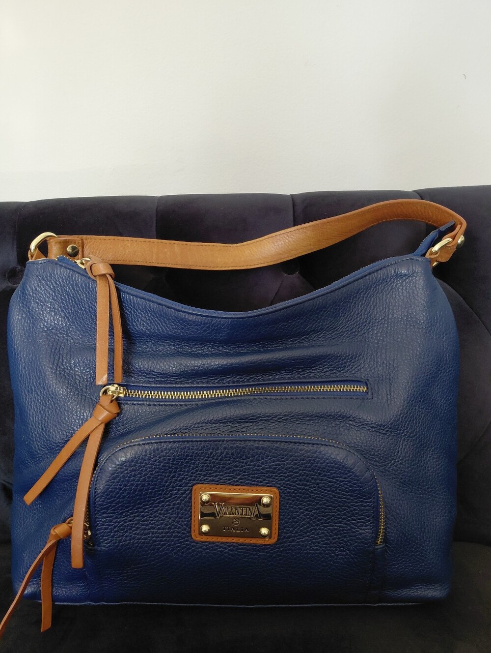 Valentina Italia Navy Pebbled Leather Hobo Shoulder Bag W/Crossbody Strap